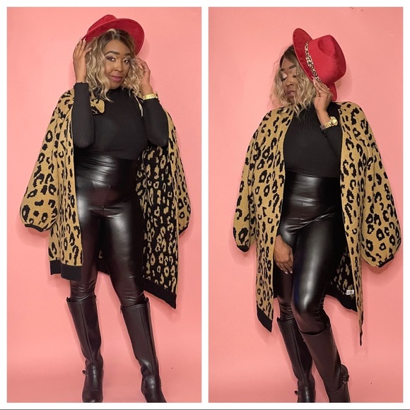 NEW TRENDY OVERSIZED LEOPARD PRINT LONG CARDIGAN SWEATER STATEMENT SLEEVES - Picture 8 of 16